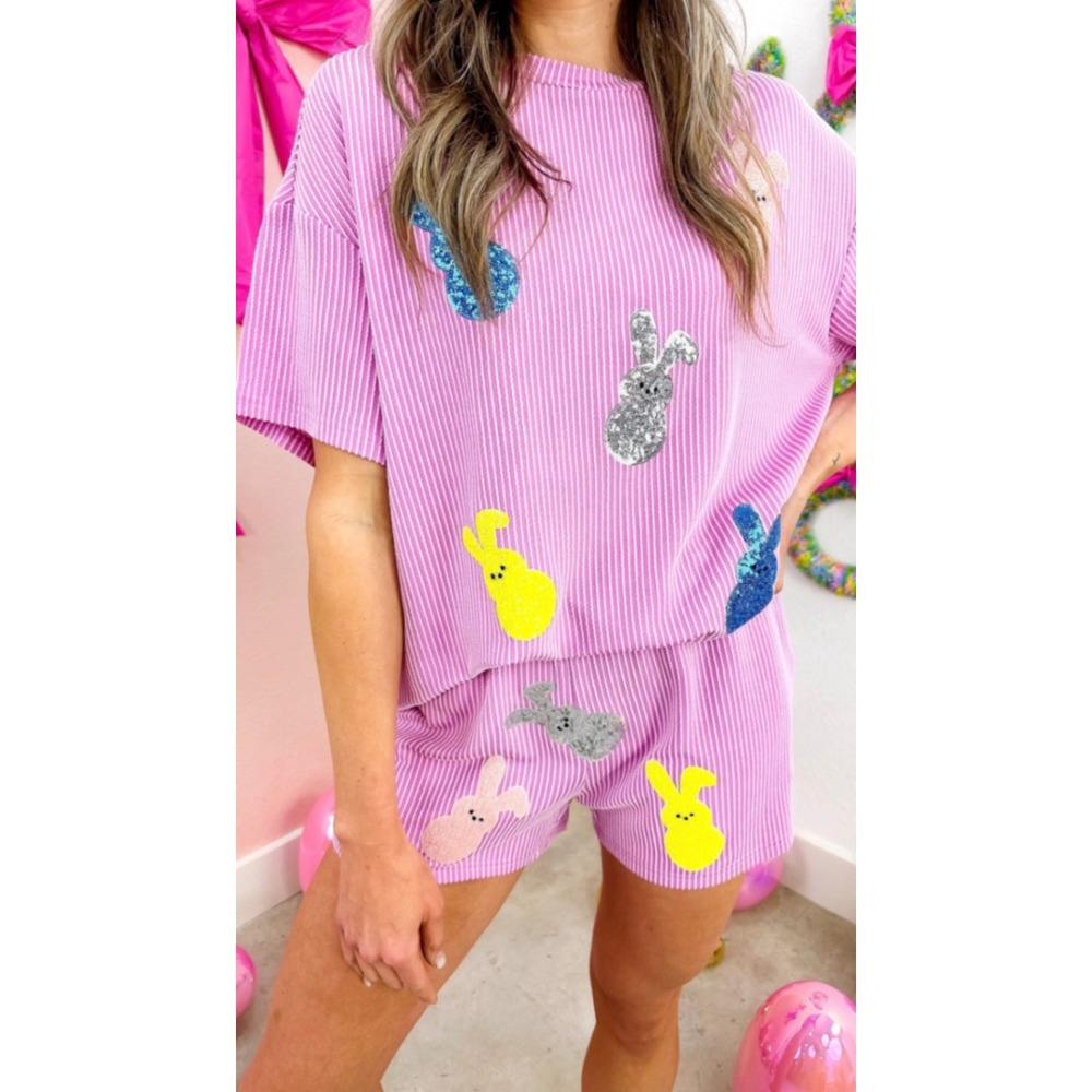 Easter Bunny Lounge Set‎ Womens Large Lavender Ribbed Sequin Top and Bot